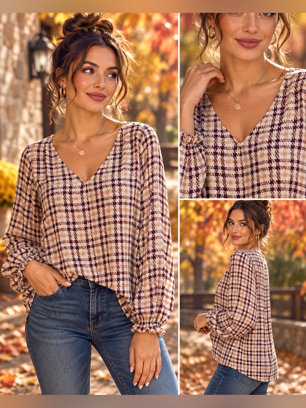 Ann Taylor Factory M Plaid V-Neck Blouse Beige Burgundy Long Sleeve
